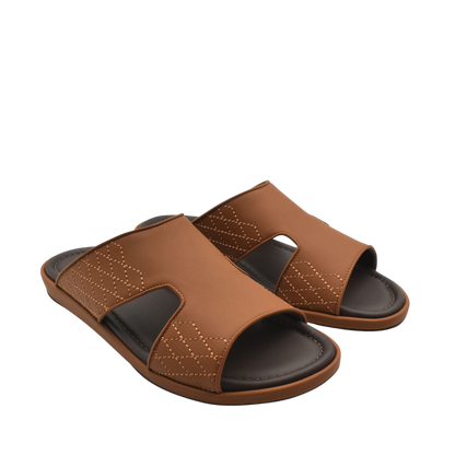 Brown leather luxury arca sandals with cushioned black footbed and stitched detailing