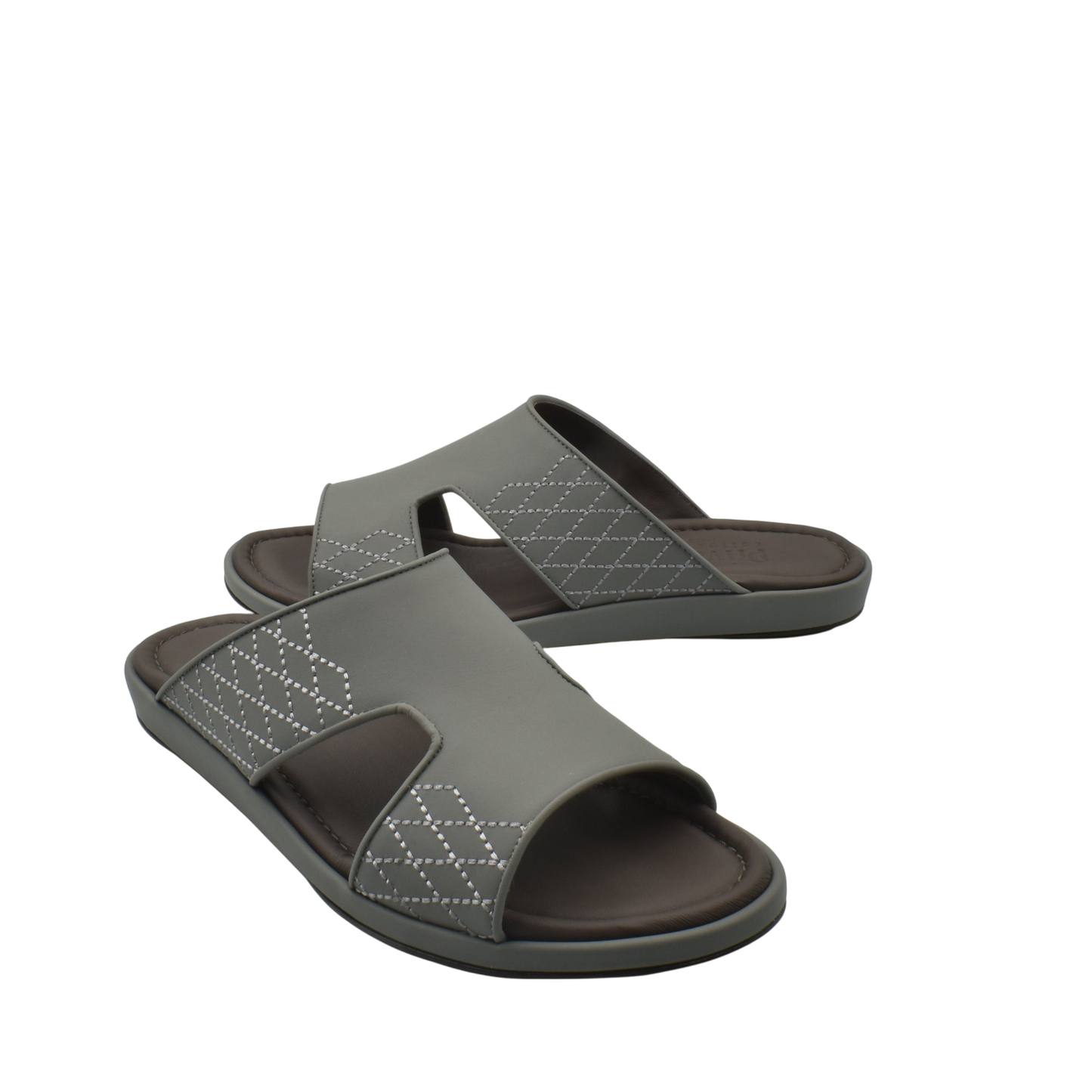 Gray slip-on luxury arca sandals with quilted stitching and comfortable footbed for casual wear
