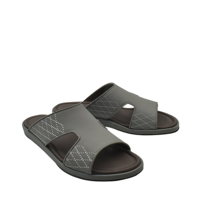 Gray slip-on luxury arca sandals with stitched diamond pattern and cushioned footbed