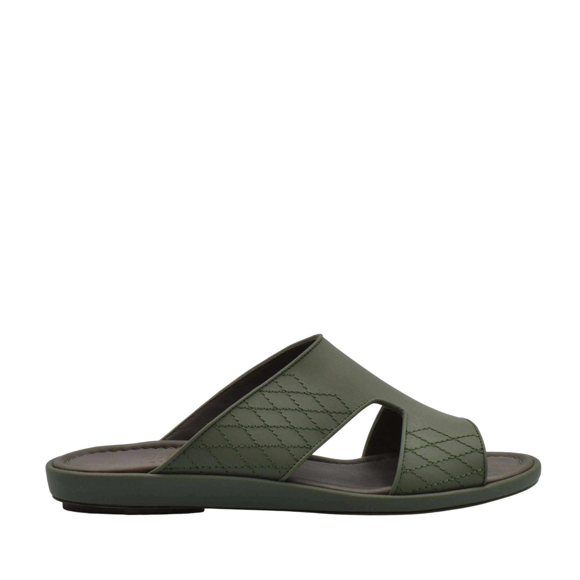 Olive green luxury arca sandals with quilted pattern and open toe slip-on design