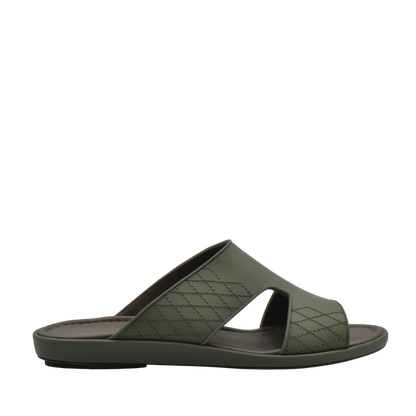 Olive green luxury arca sandals with quilted pattern and open toe slip-on design