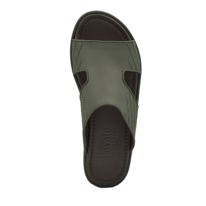 Top view of luxury arca sandals in olive green with cushioned footbed and open toe design