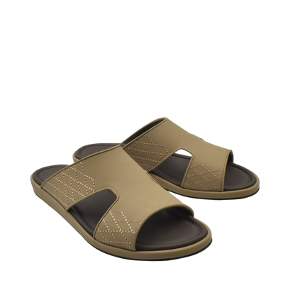 Pair of tan and brown luxury arca sandals with open toe and stitched detailing