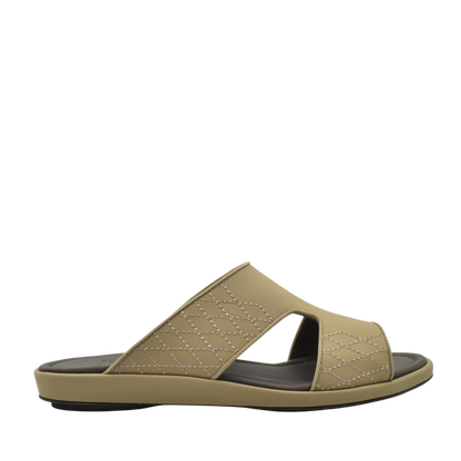 Side view of beige luxury arca sandals with stitched design and black footbed from Private collection
