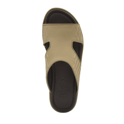 Top view of beige luxury arca sandals with black cushioned sole from Private Collection