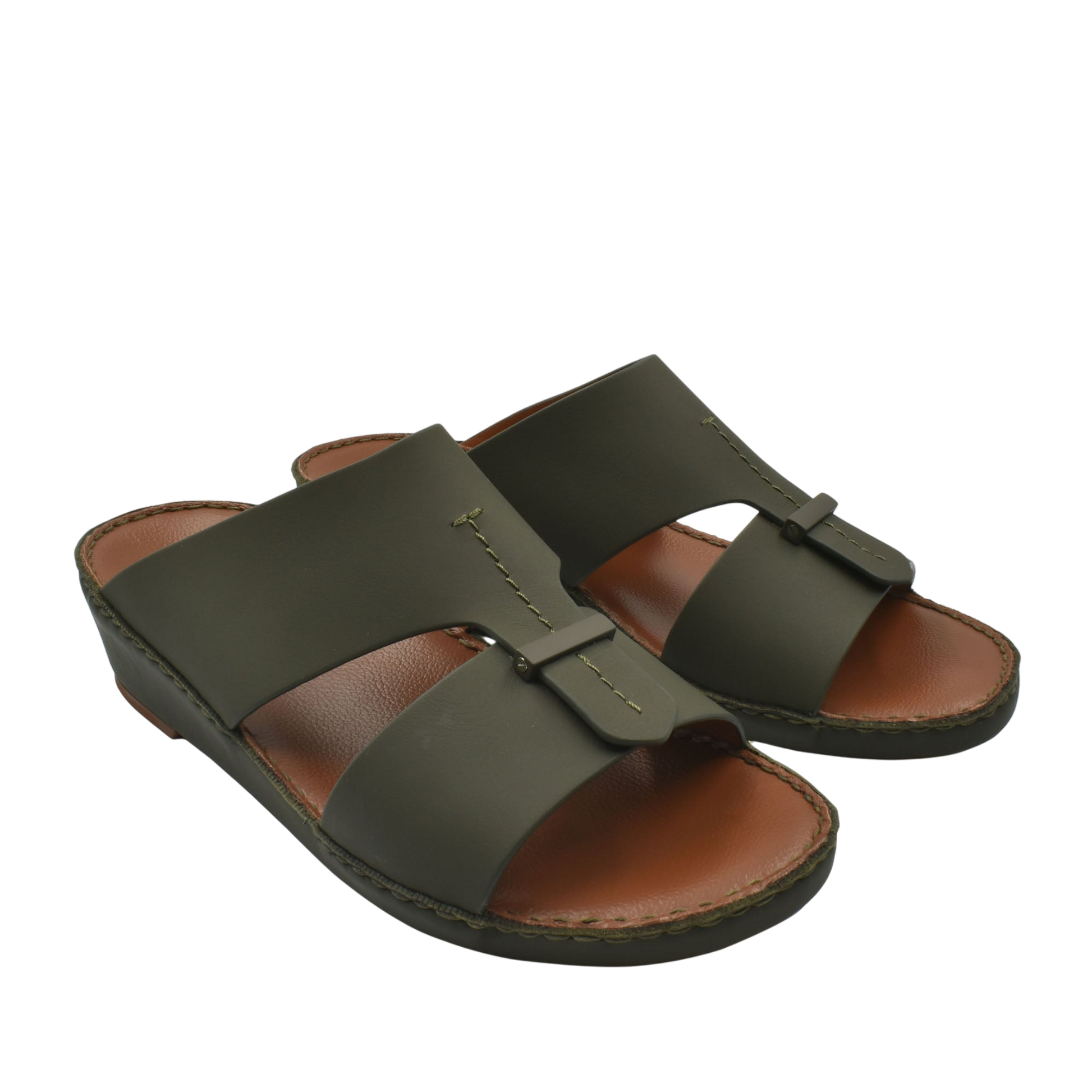 Private Collection luxury comfort sandals in olive green with cushioned brown footbed and slip-on design