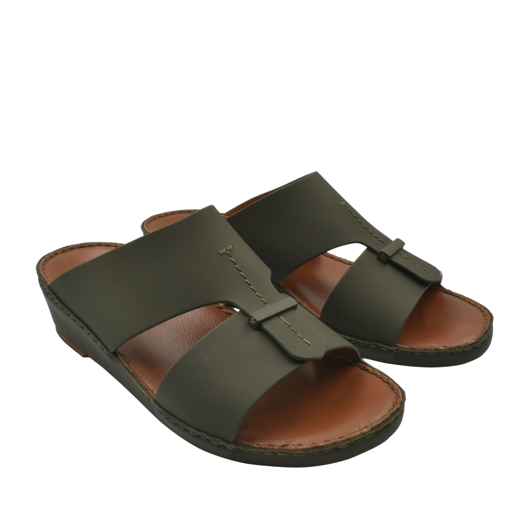 Private Collection luxury comfort sandals in olive green with cushioned brown footbed and slip-on design