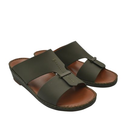 Private Collection luxury comfort sandals in olive green with cushioned brown footbed and slip-on design