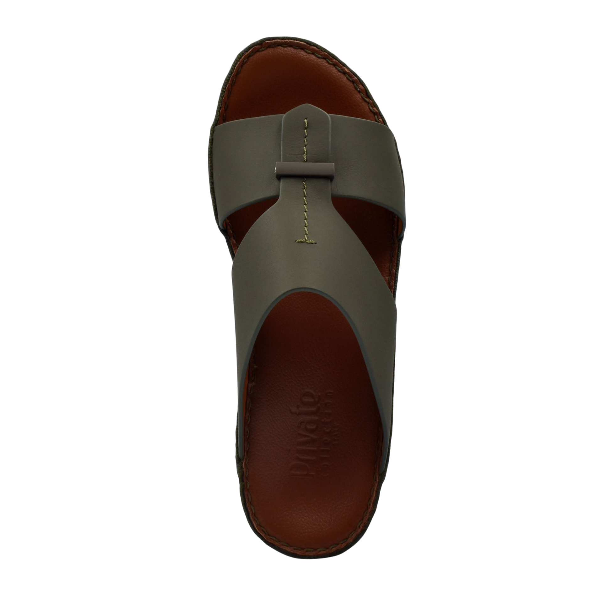Private Collection luxury comfort sandals olive green leather with brown cushioned footbed and stitched detailing