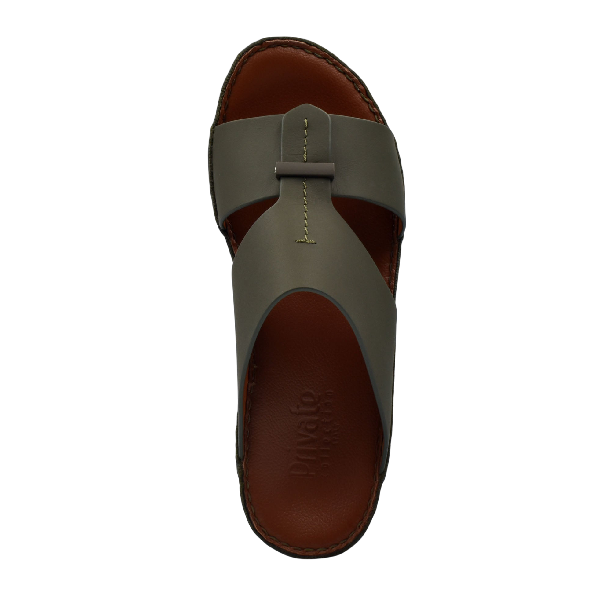 Private Collection luxury comfort sandals olive green leather with brown cushioned footbed and stitched detailing