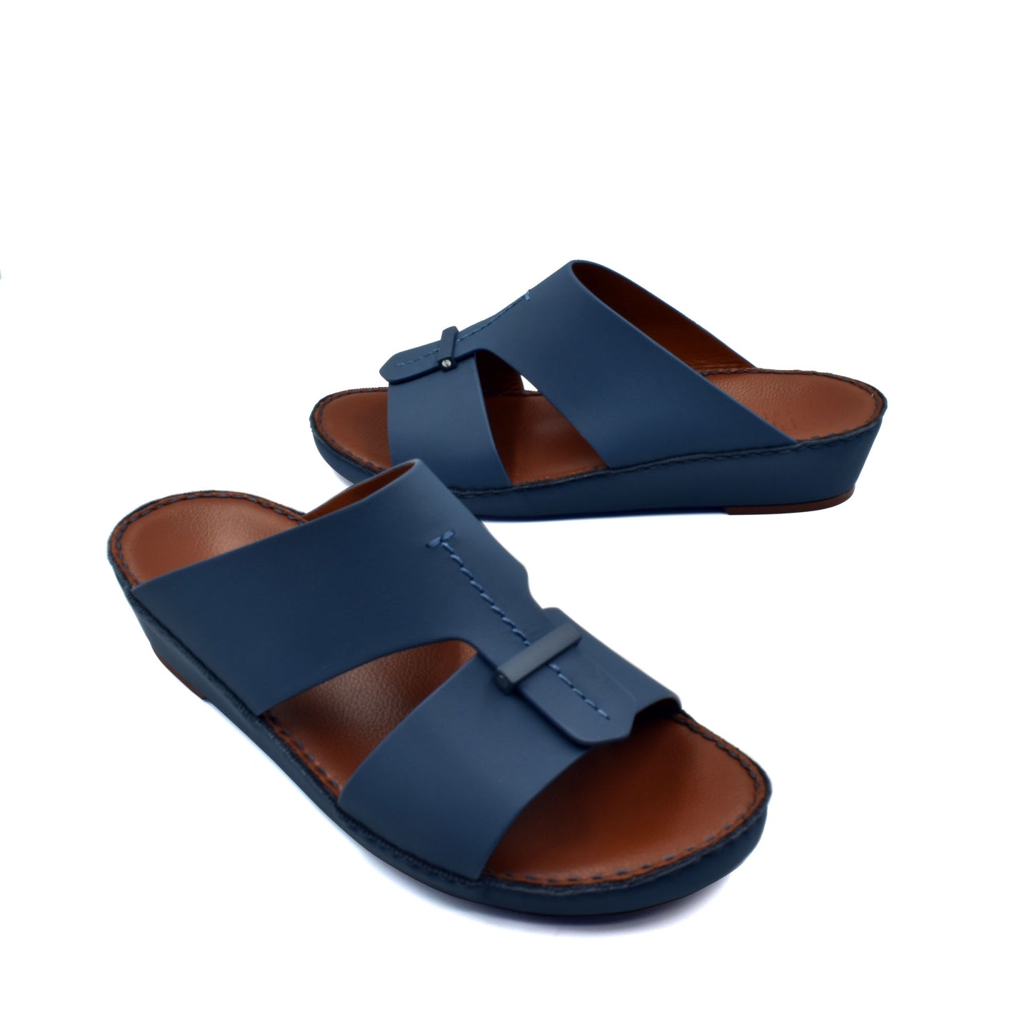 Private Collection navy blue luxury comfort sandals with leather straps and cushioned brown footbed