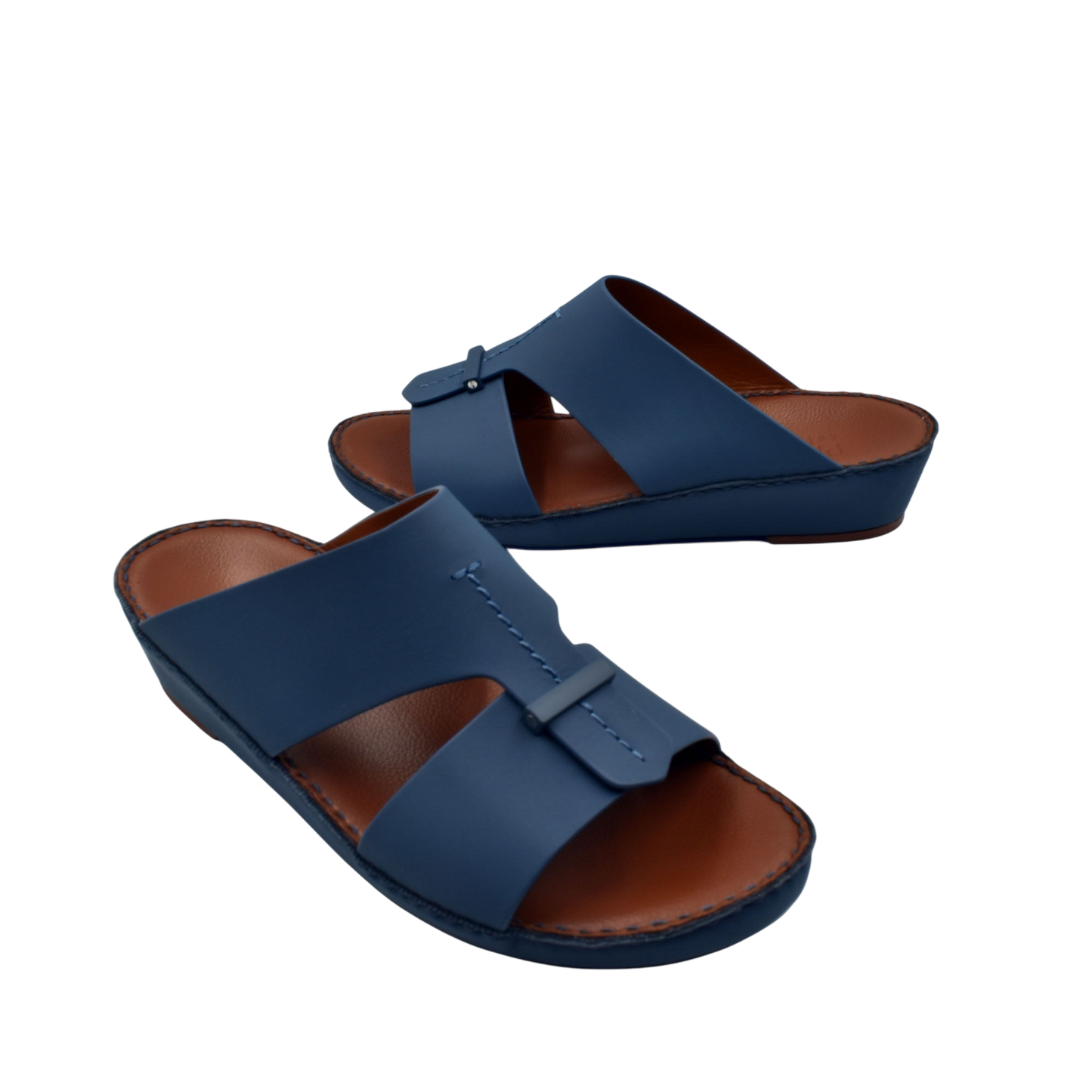 Private Collection navy blue luxury comfort sandals with leather straps and cushioned brown footbed