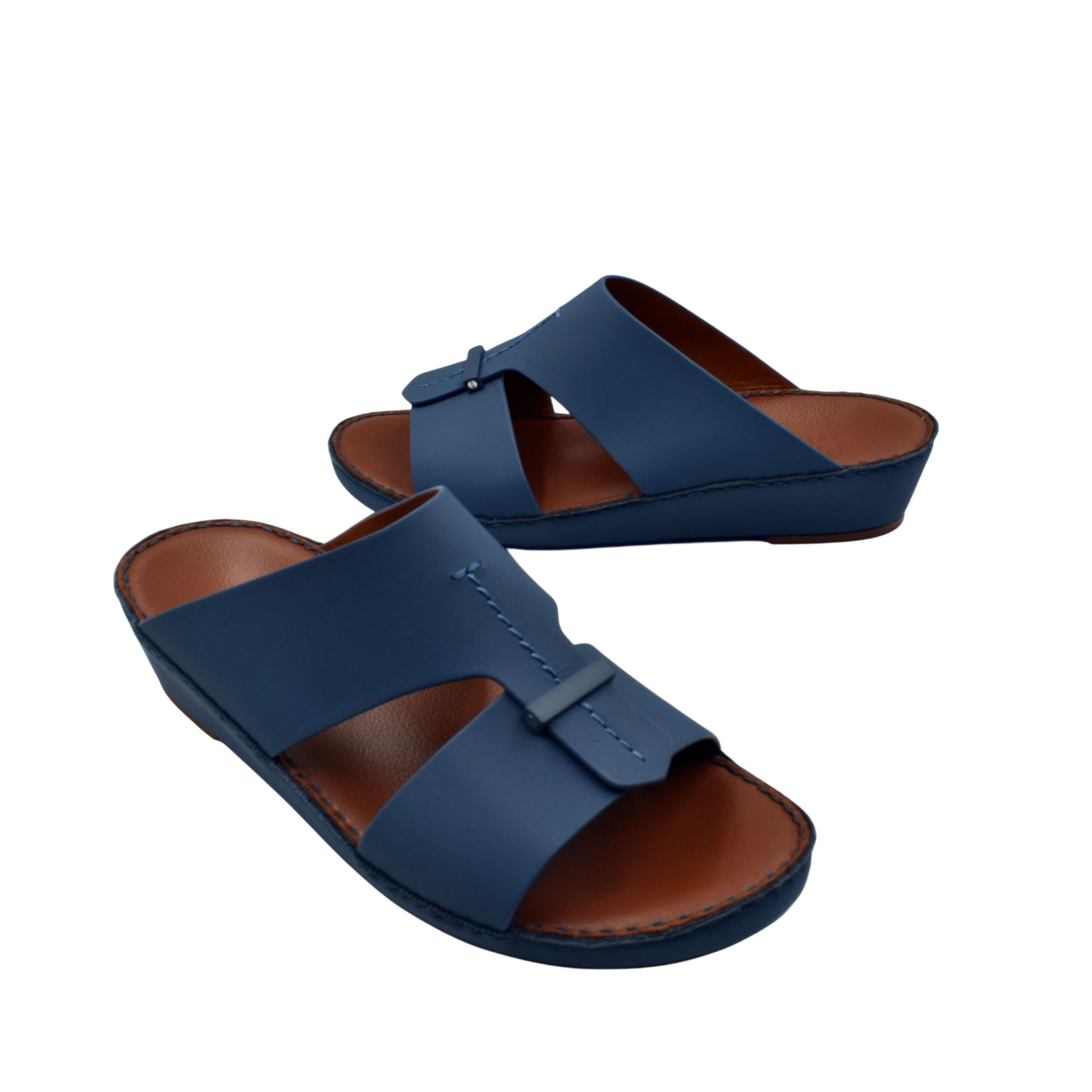 Private Collection navy blue luxury comfort sandals with leather straps and cushioned brown footbed