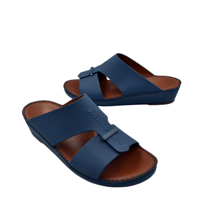 Private Collection navy blue luxury comfort sandals with leather straps and cushioned brown footbed