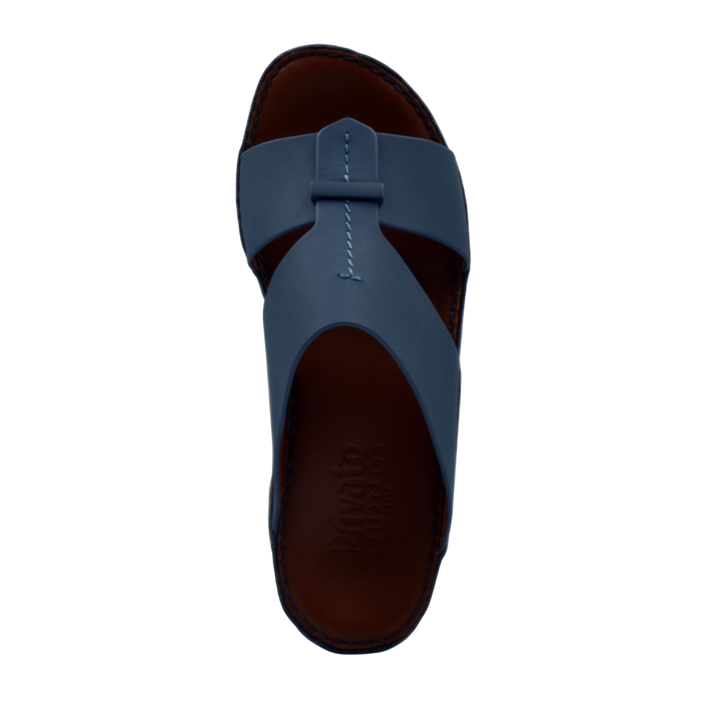 Blue leather luxury comfort sandals with cushioned brown footbed from Private Collection