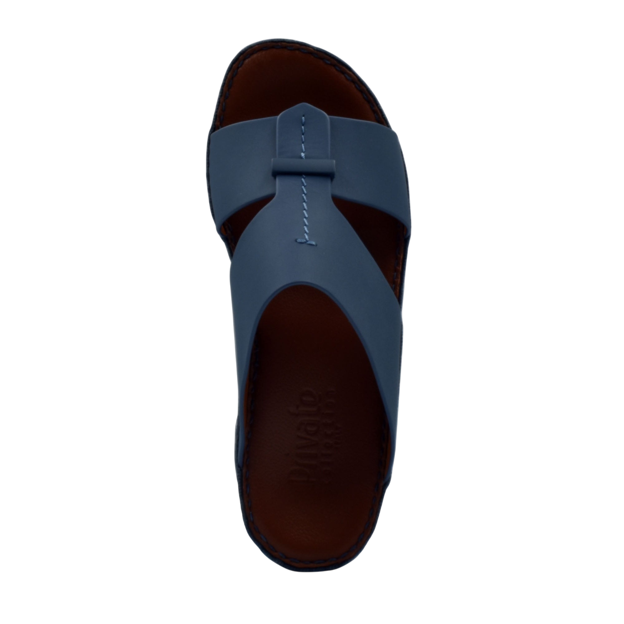 Blue leather luxury comfort sandals with cushioned brown footbed from Private Collection