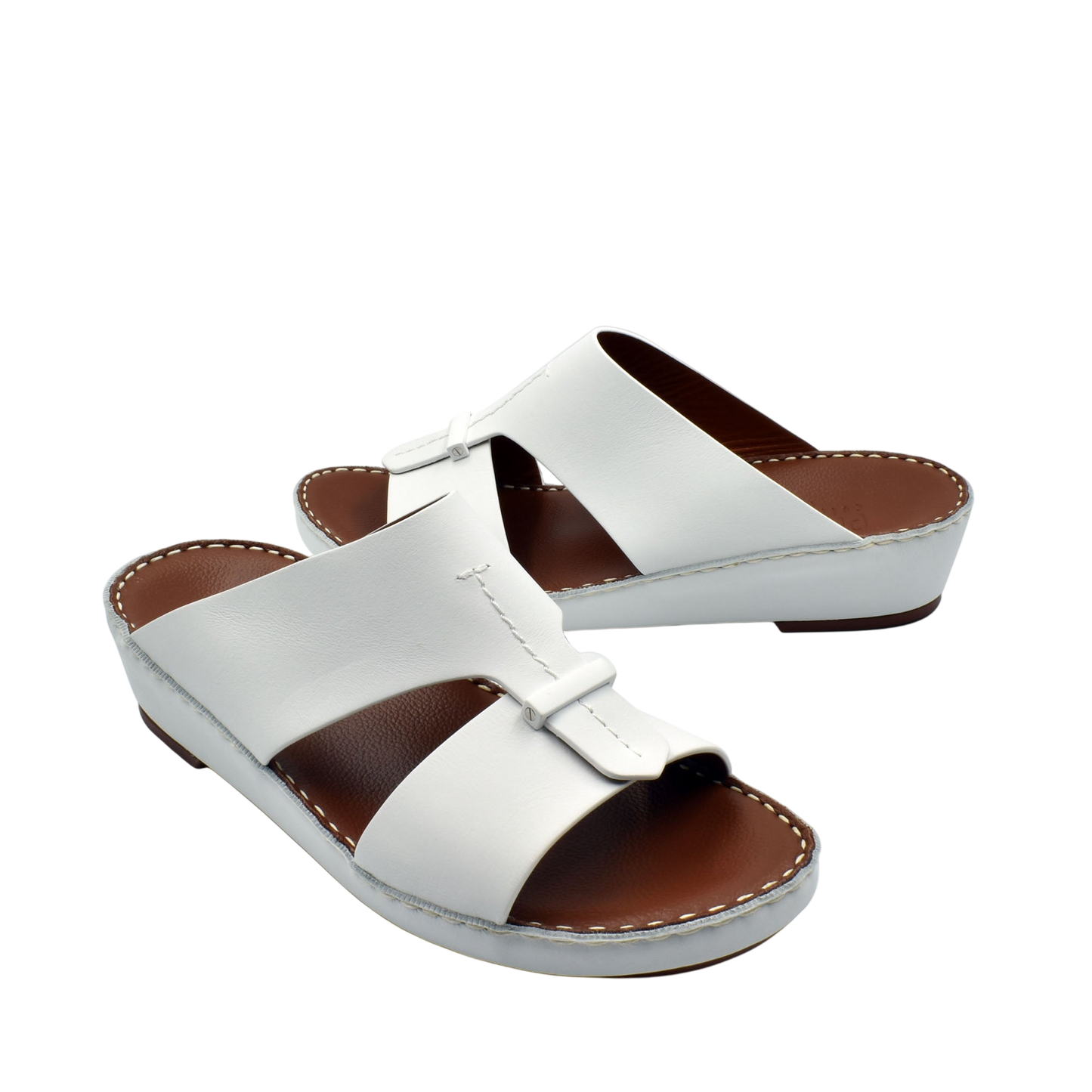 White luxury comfort sandals with brown cushioned footbed and adjustable strap by Private Collection