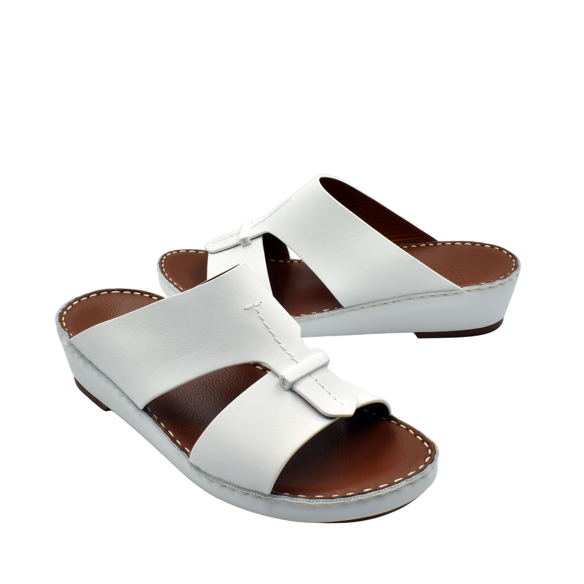 White luxury comfort sandals with brown cushioned footbed and adjustable strap by Private Collection
