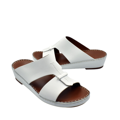 White luxury comfort sandals with brown cushioned footbed and adjustable strap by Private Collection