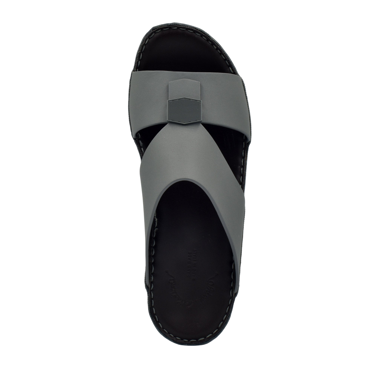 Top view of gray Esagono Gomato shoes sandal with black sole and hexagonal design detail