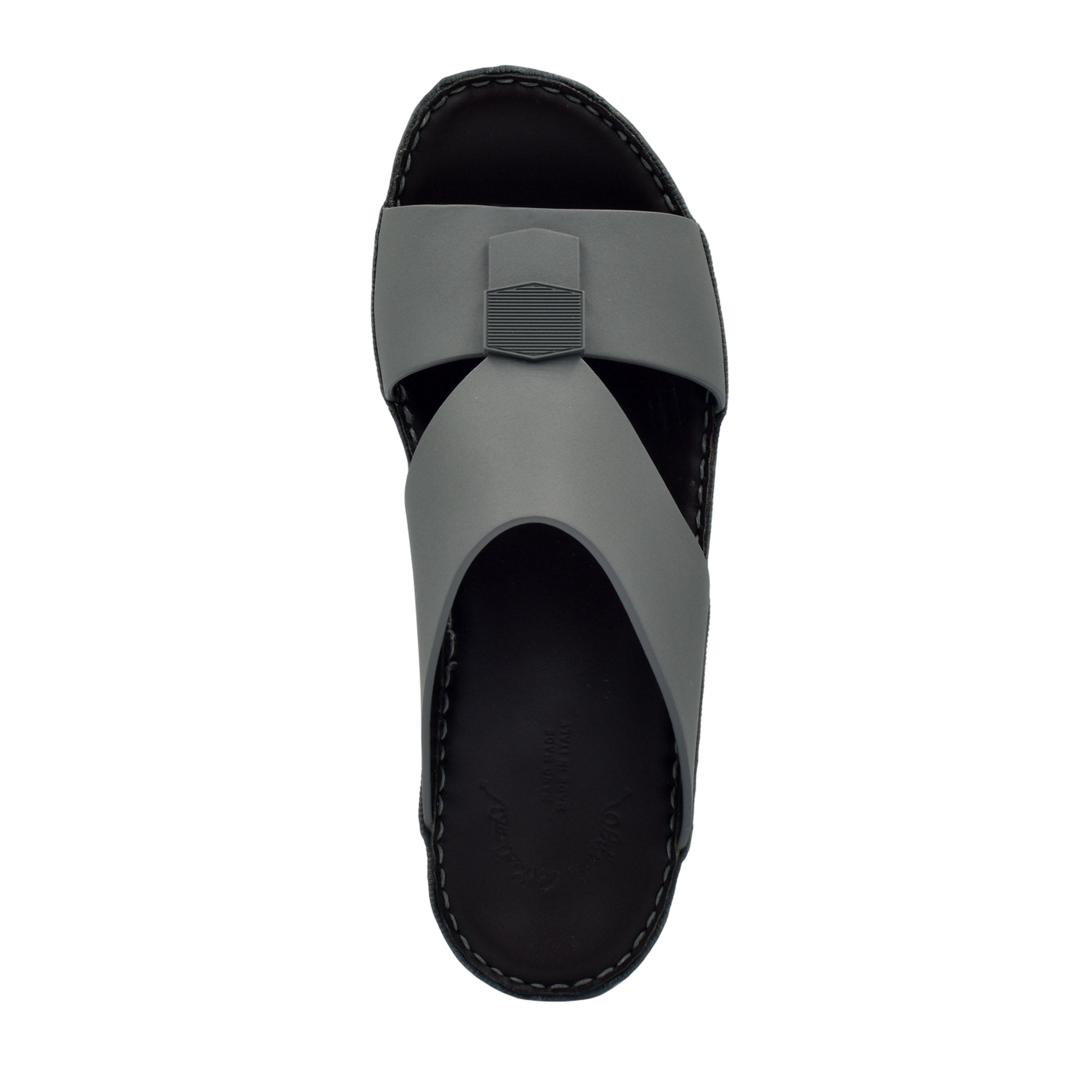 Top view of gray Esagono Gomato shoes sandal with black sole and hexagonal design detail