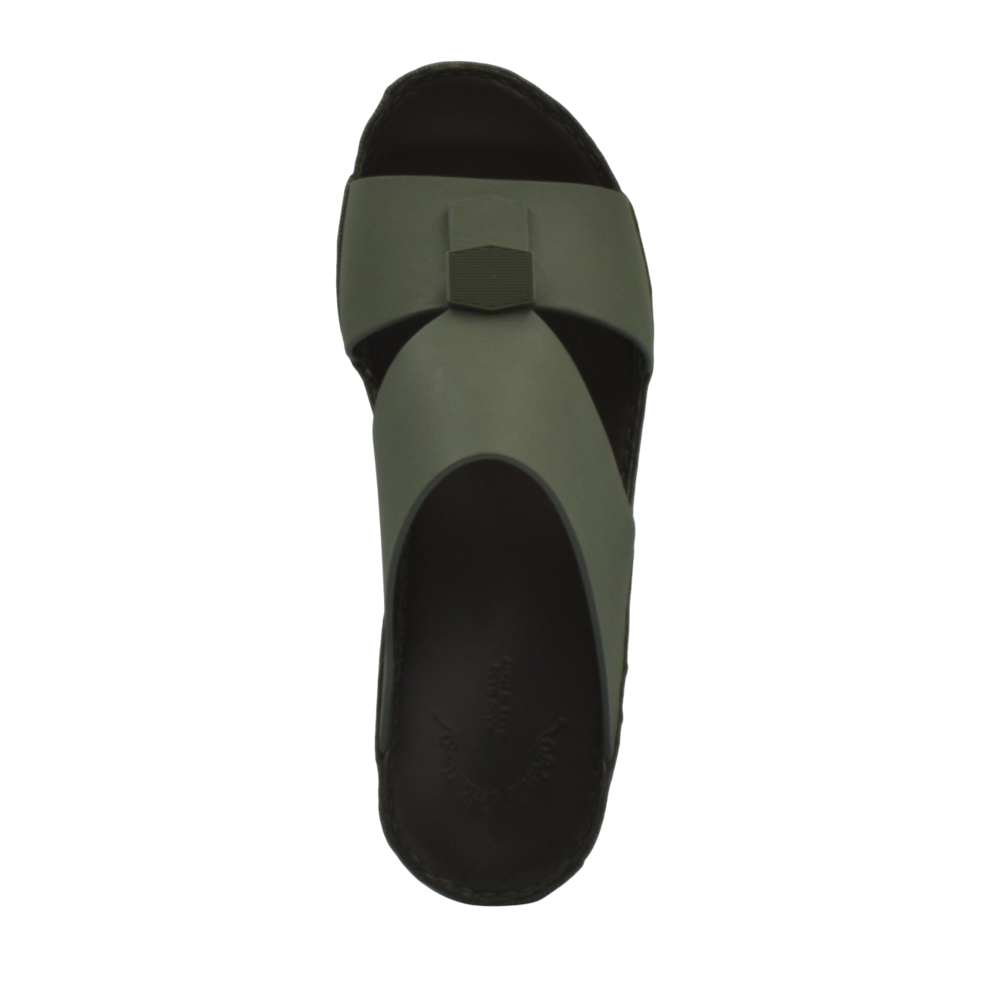 Top view of olive green Esagono Gomato shoes slide sandal with black sole from Private Collection