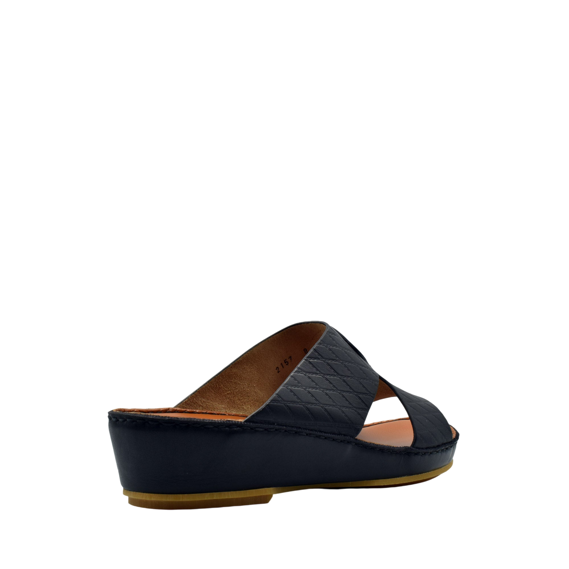 Black slip-on handcrafted Italian sandals with quilted leather straps and low wedge heel