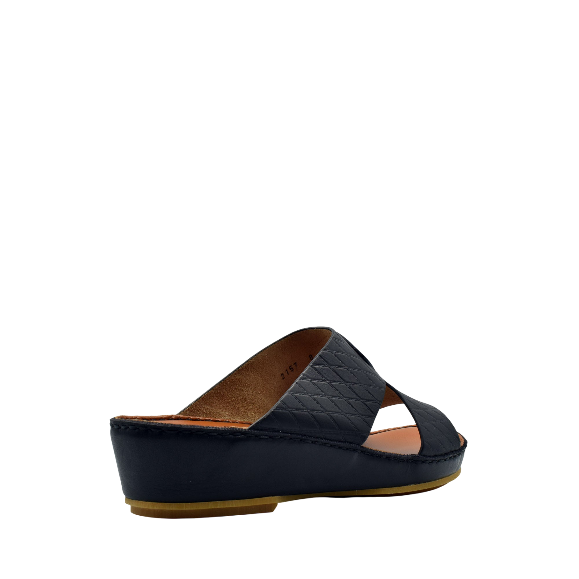 Black slip-on handcrafted Italian sandals with quilted leather straps and low wedge heel