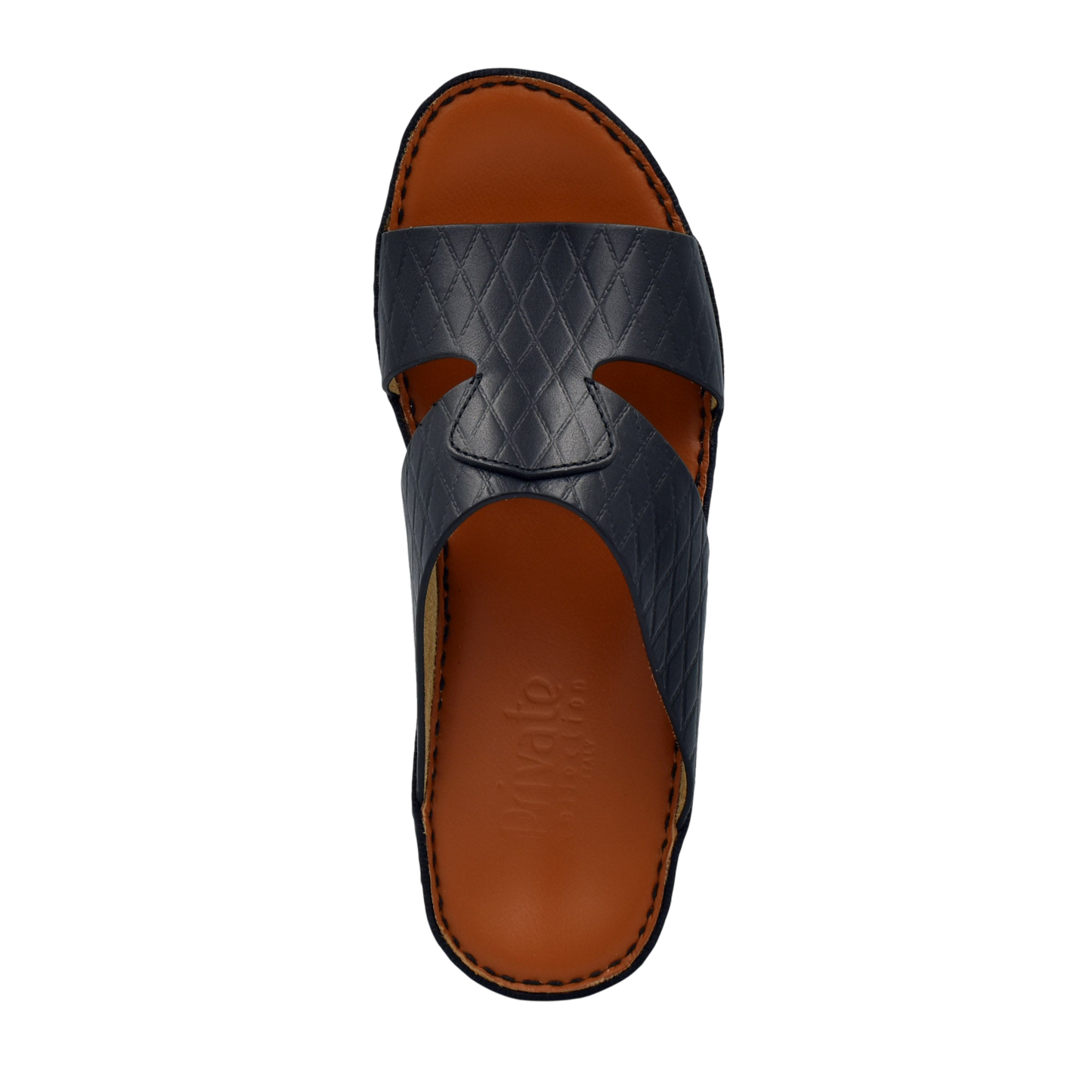 Handcrafted Italian sandals in black leather with quilted pattern and brown cushioned footbed