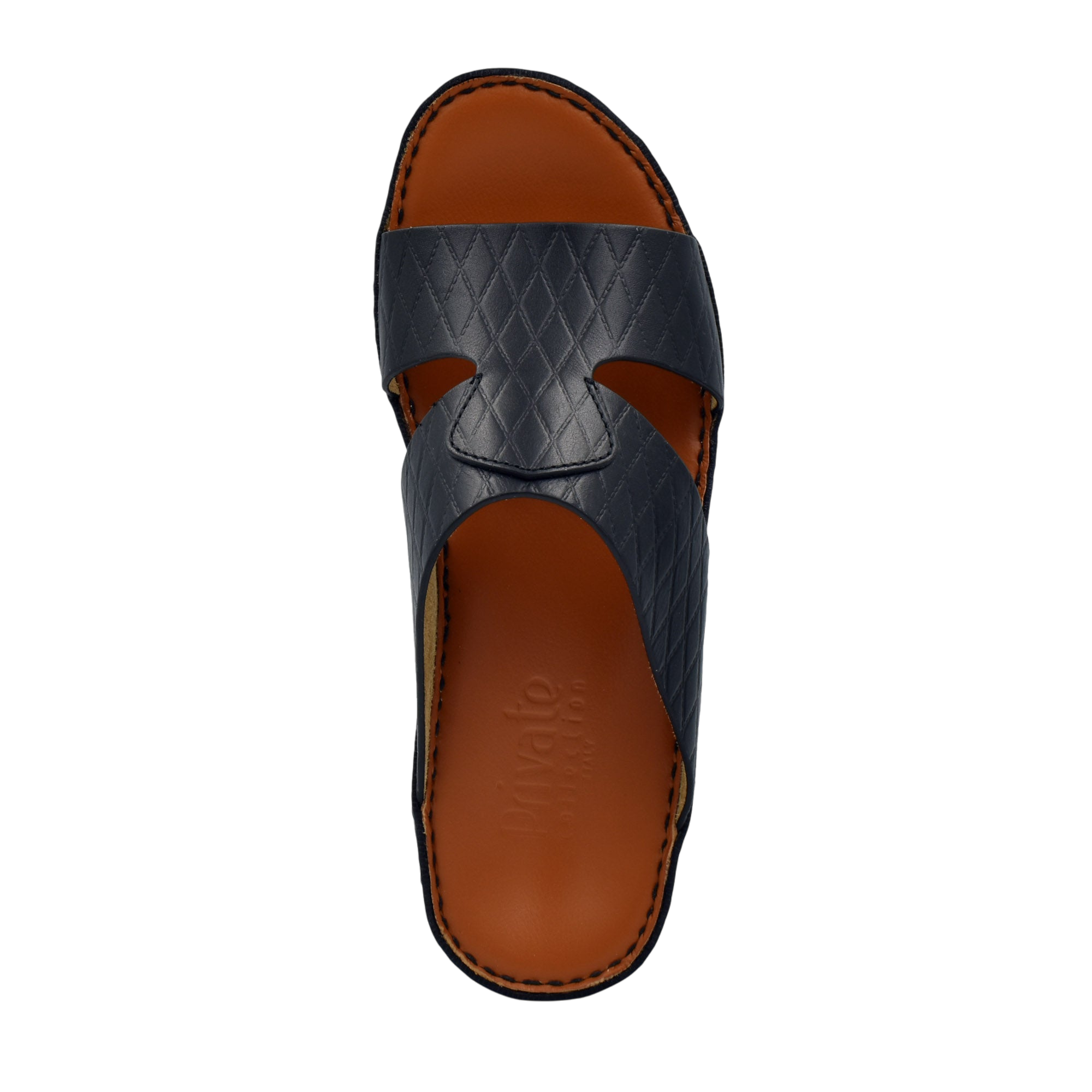 Handcrafted Italian sandals in black leather with quilted pattern and brown cushioned footbed