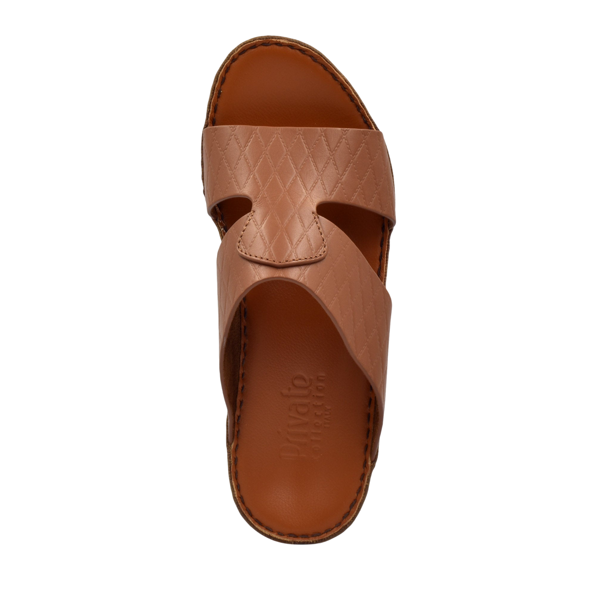 Top view of a brown handcrafted Italian sandals with textured leather straps and stitched sole