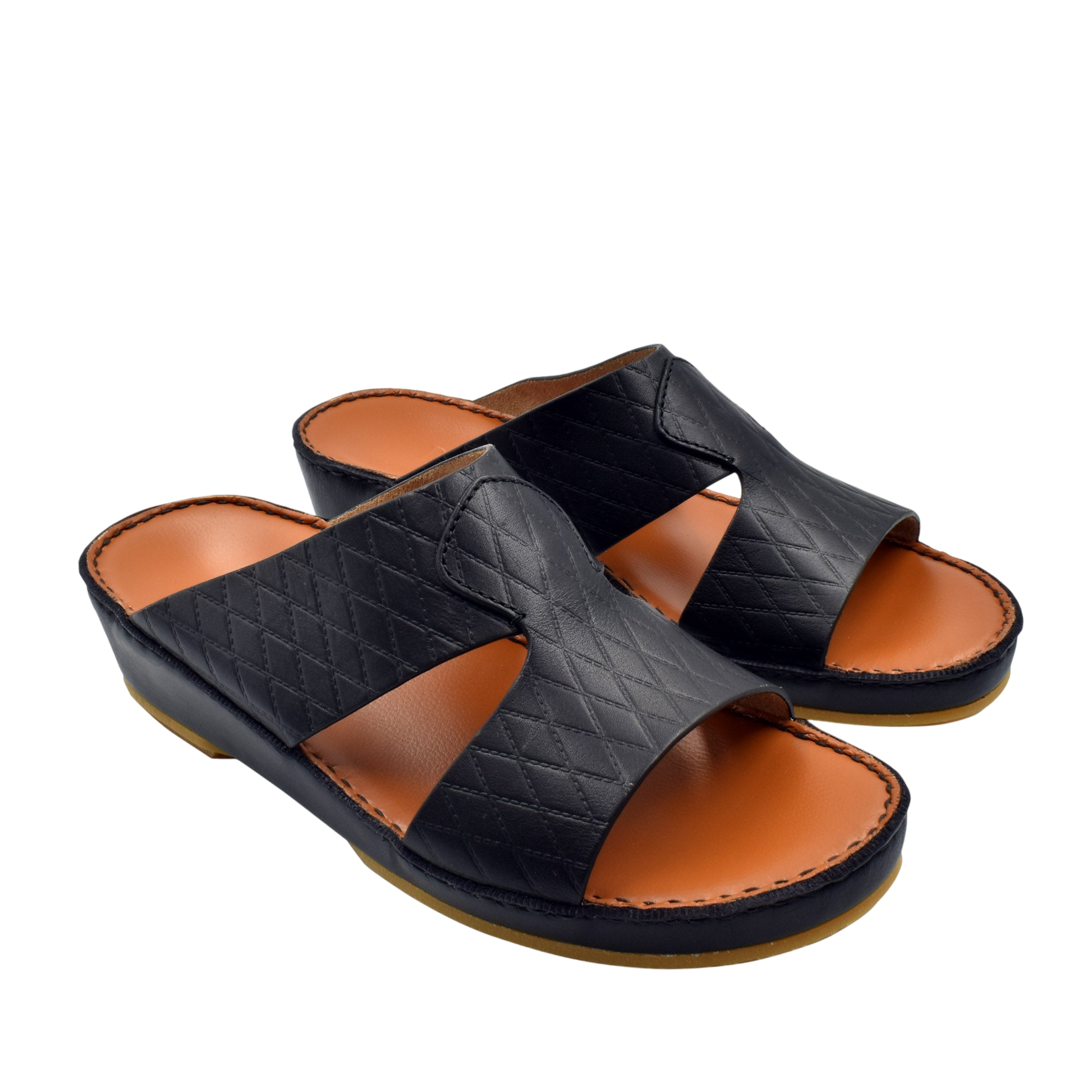 Black handcrafted Italian sandals with quilted leather straps and tan cushioned footbed by Private Collection