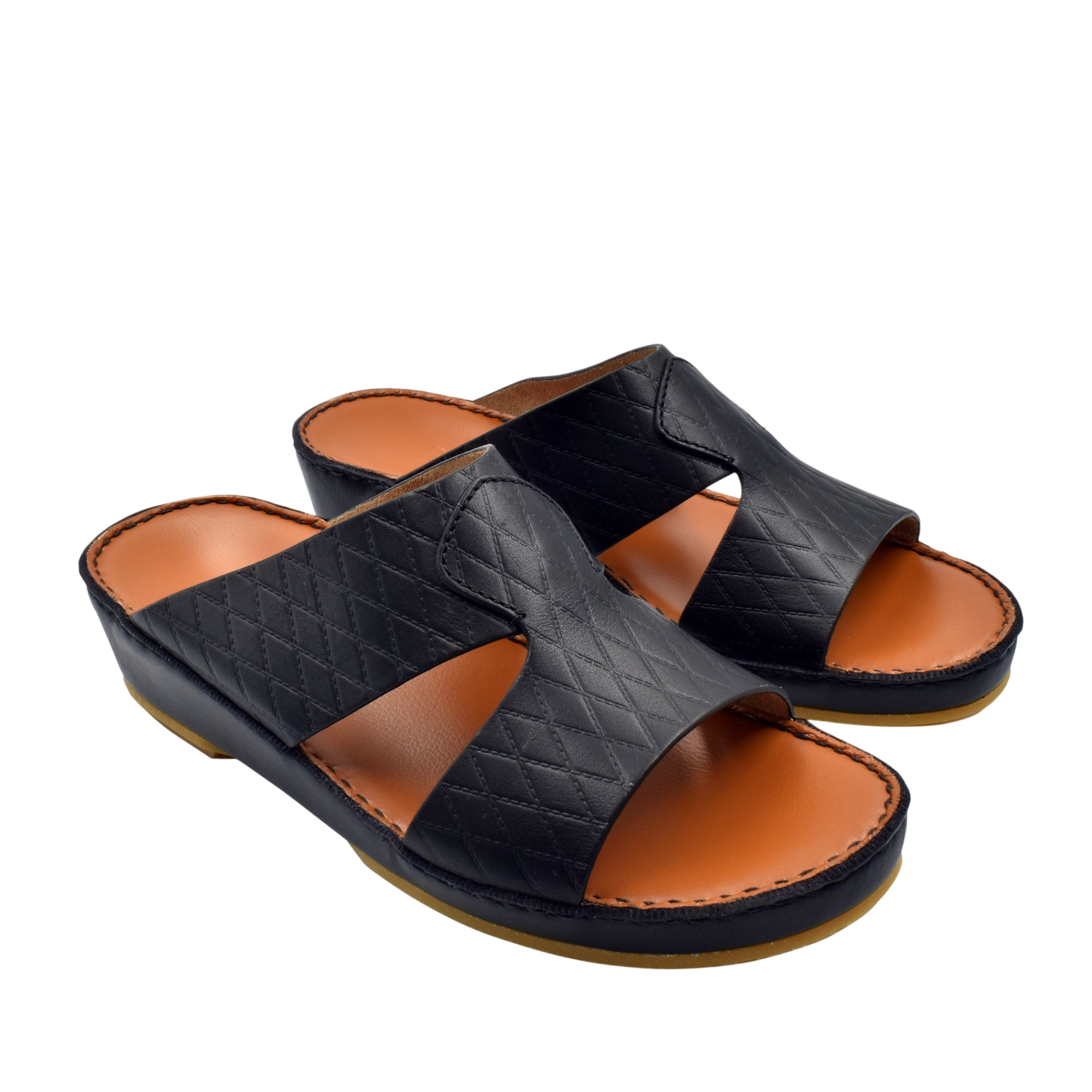 Black handcrafted Italian sandals with quilted leather straps and tan cushioned footbed by Private Collection
