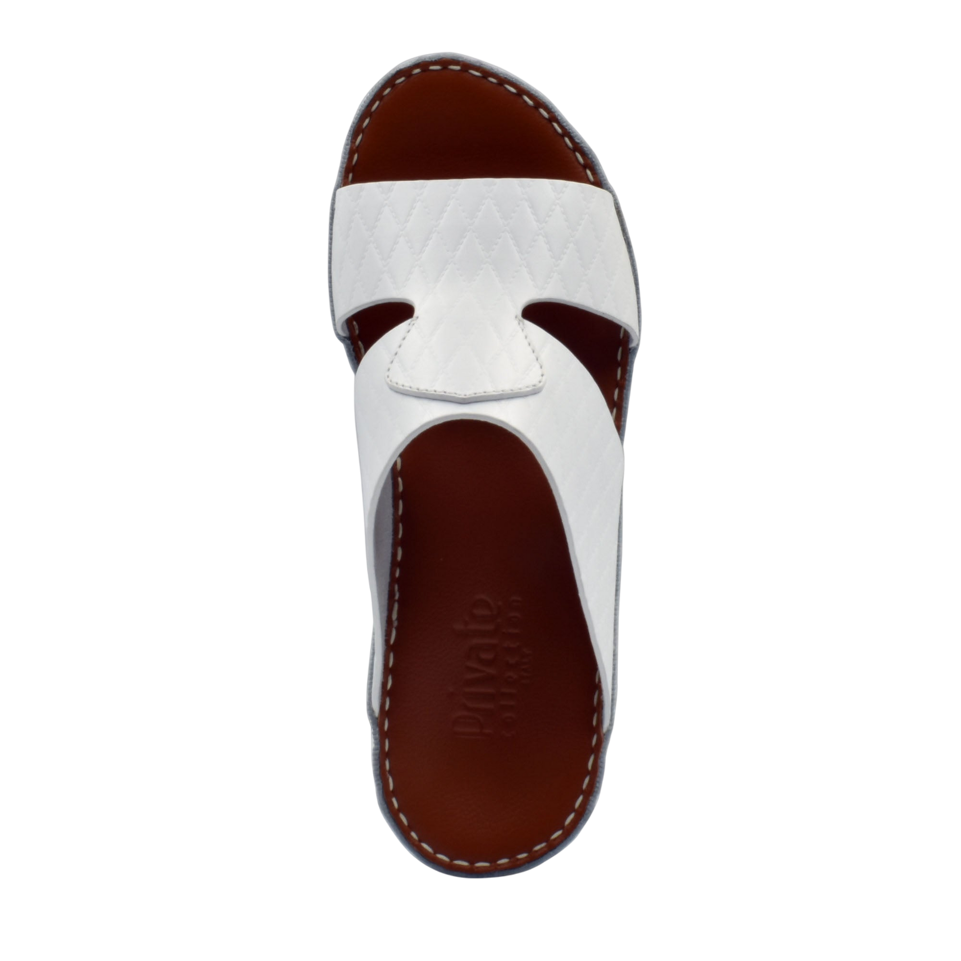 White handcrafted Italian sandals with quilted leather straps and brown footbed by Private Collection