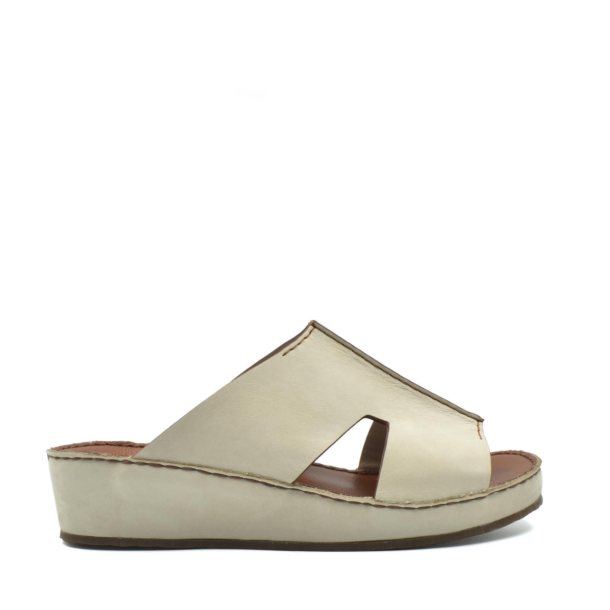 Beige handcrafted leather shoes slip-on wedge sandals with open toe and cutout design