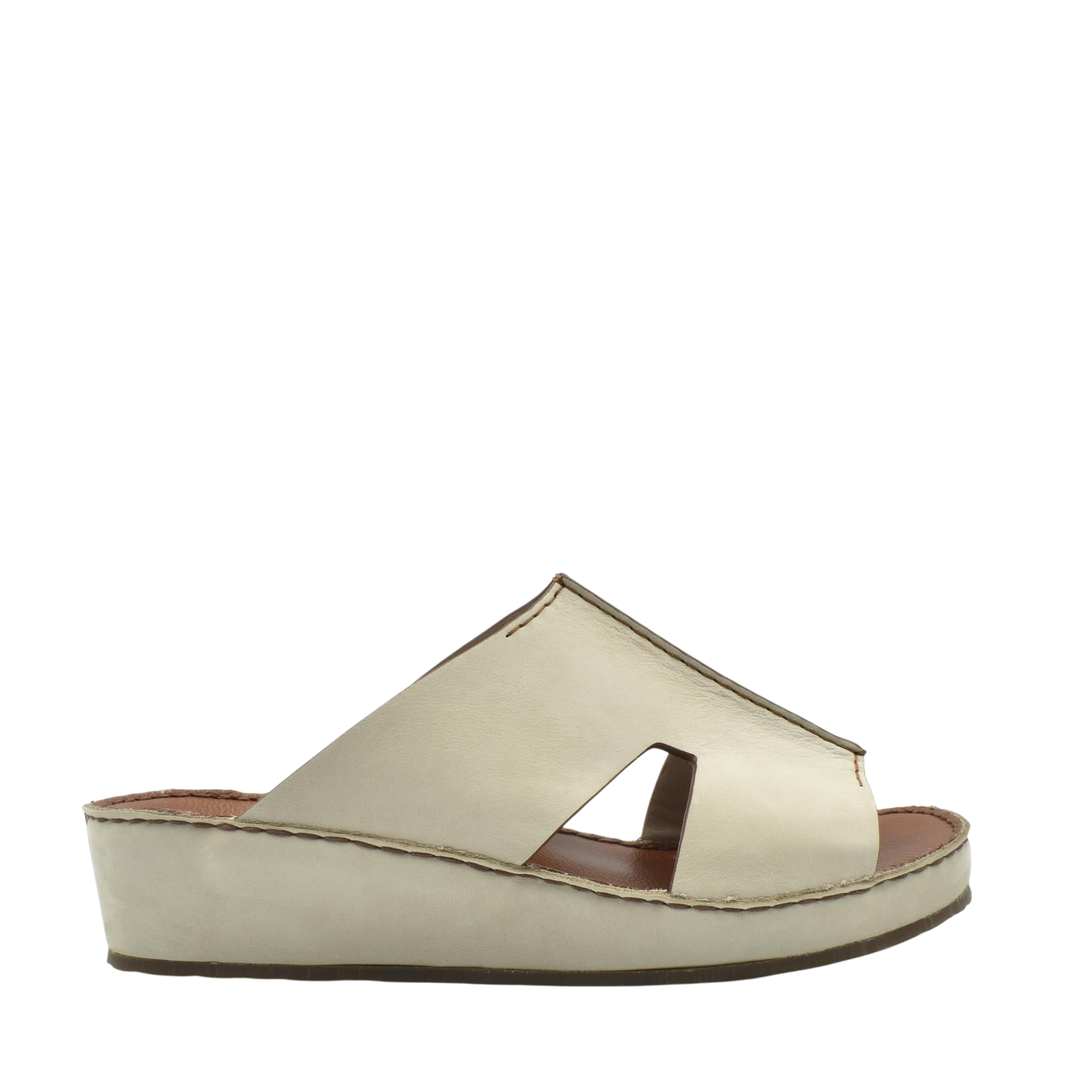 Beige handcrafted leather shoes slip-on wedge sandals with open toe and cutout design