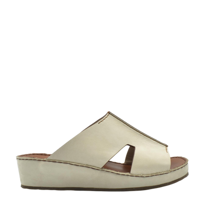 Beige handcrafted leather shoes slip-on wedge sandals with open toe and cutout design