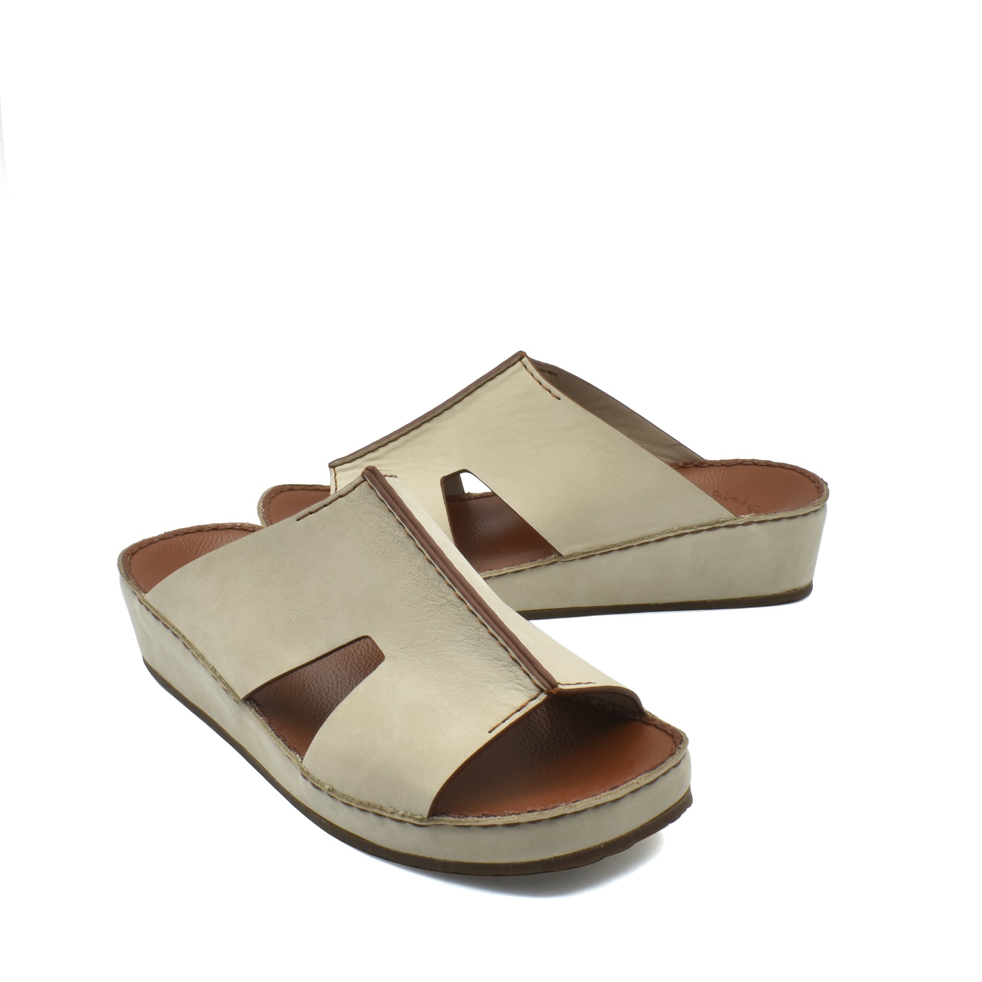 Beige handcrafted leather shoes open-toe slip-on sandals with cushioned sole