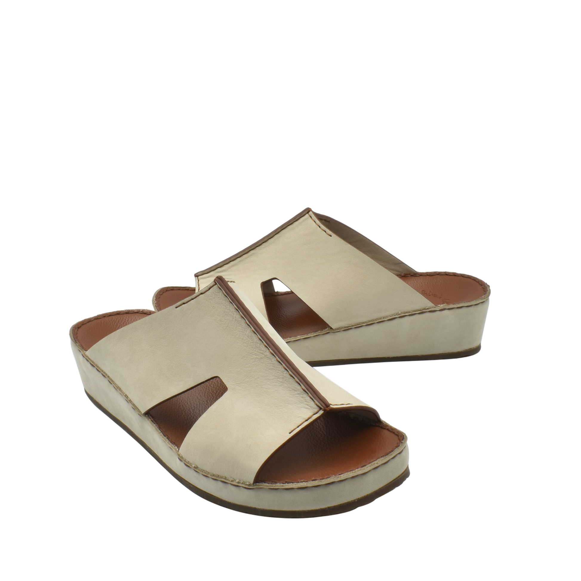 Beige handcrafted leather shoes open-toe slip-on sandals with cushioned sole