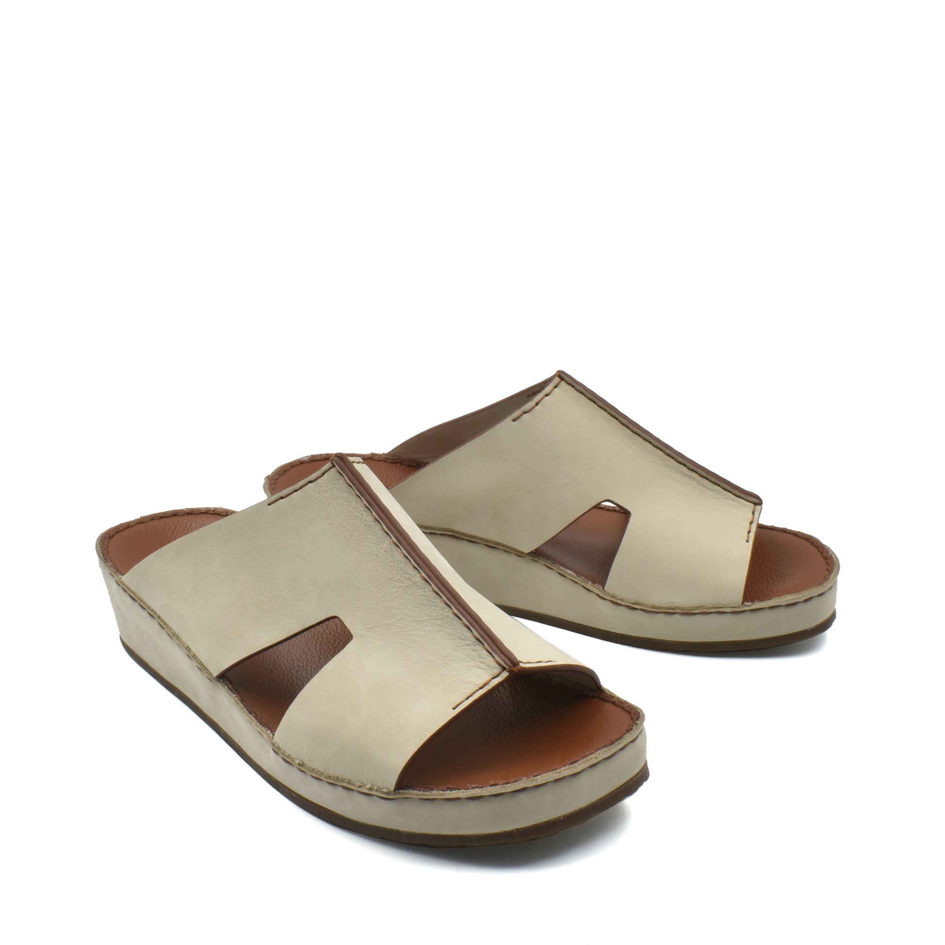 Beige handcrafted leather shoes slide sandals with open toe and cutout design for comfort