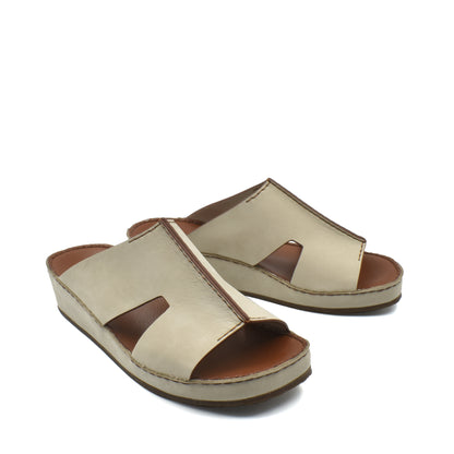 Beige handcrafted leather shoes slide sandals with open toe and cutout design for comfort