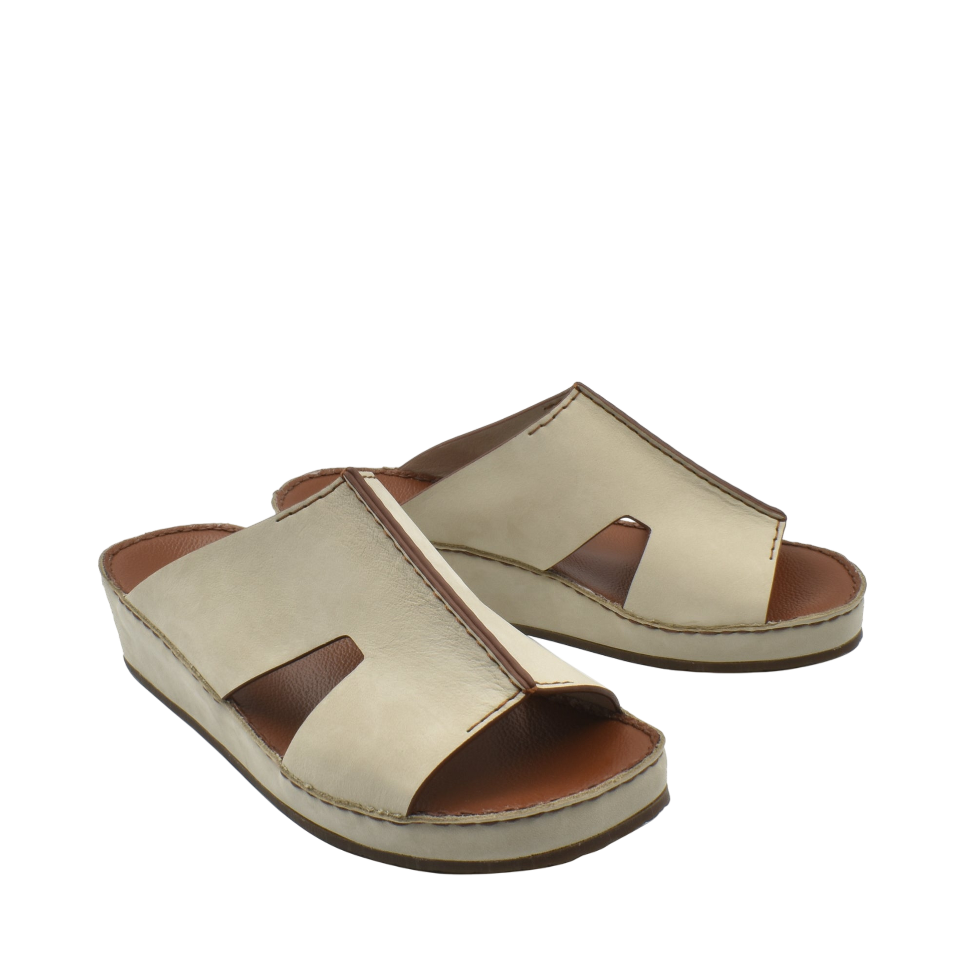 Beige handcrafted leather shoes slide sandals with open toe and cutout design for comfort