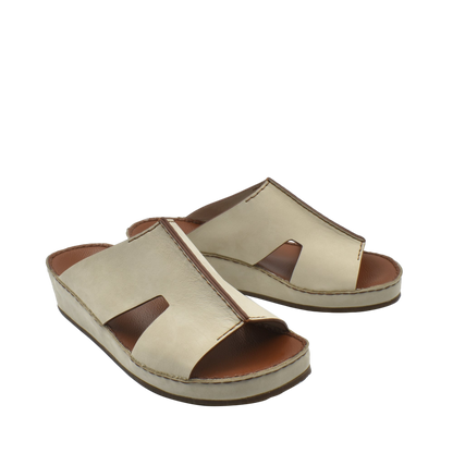 Beige handcrafted leather shoes slide sandals with open toe and cutout design for comfort