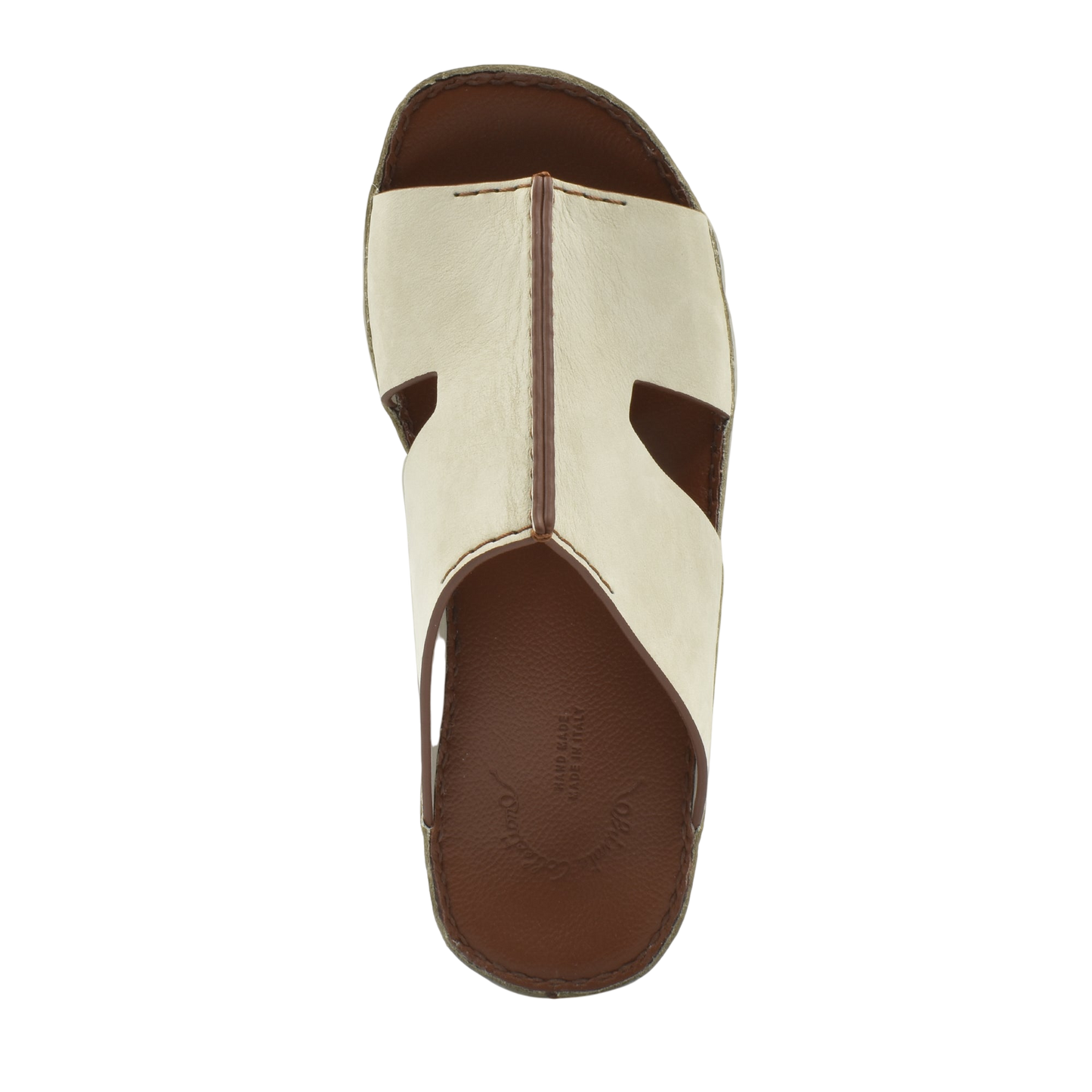 Top view of handcrafted leather shoes in white and brown with open toe design