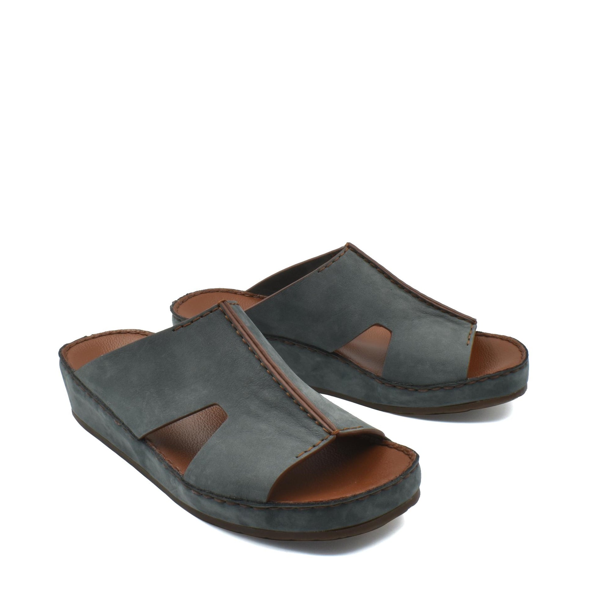 Handcrafted leather shoes in dark gray open-toe slip-on sandal style with cushioned sole