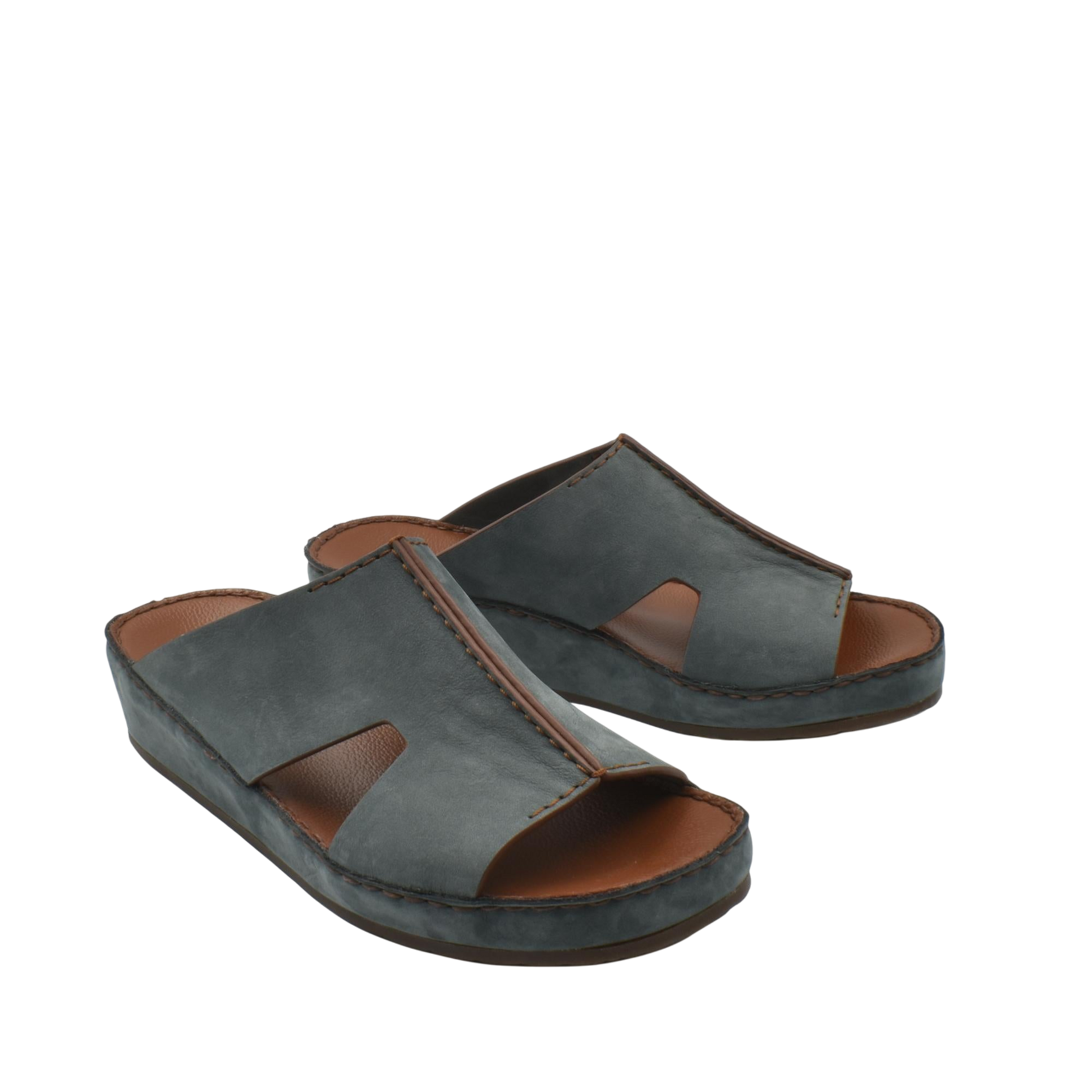 Handcrafted leather shoes in dark gray open-toe slip-on sandal style with cushioned sole