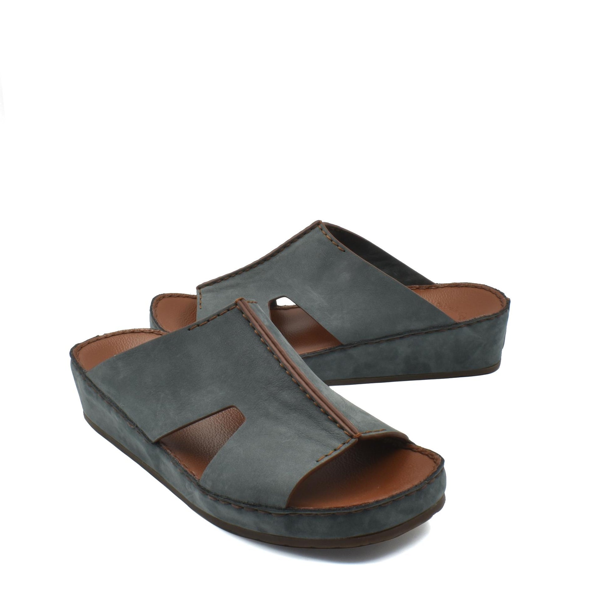 Comfortable handcrafted leather shoes in dark gray with open toe design and cushioned sole