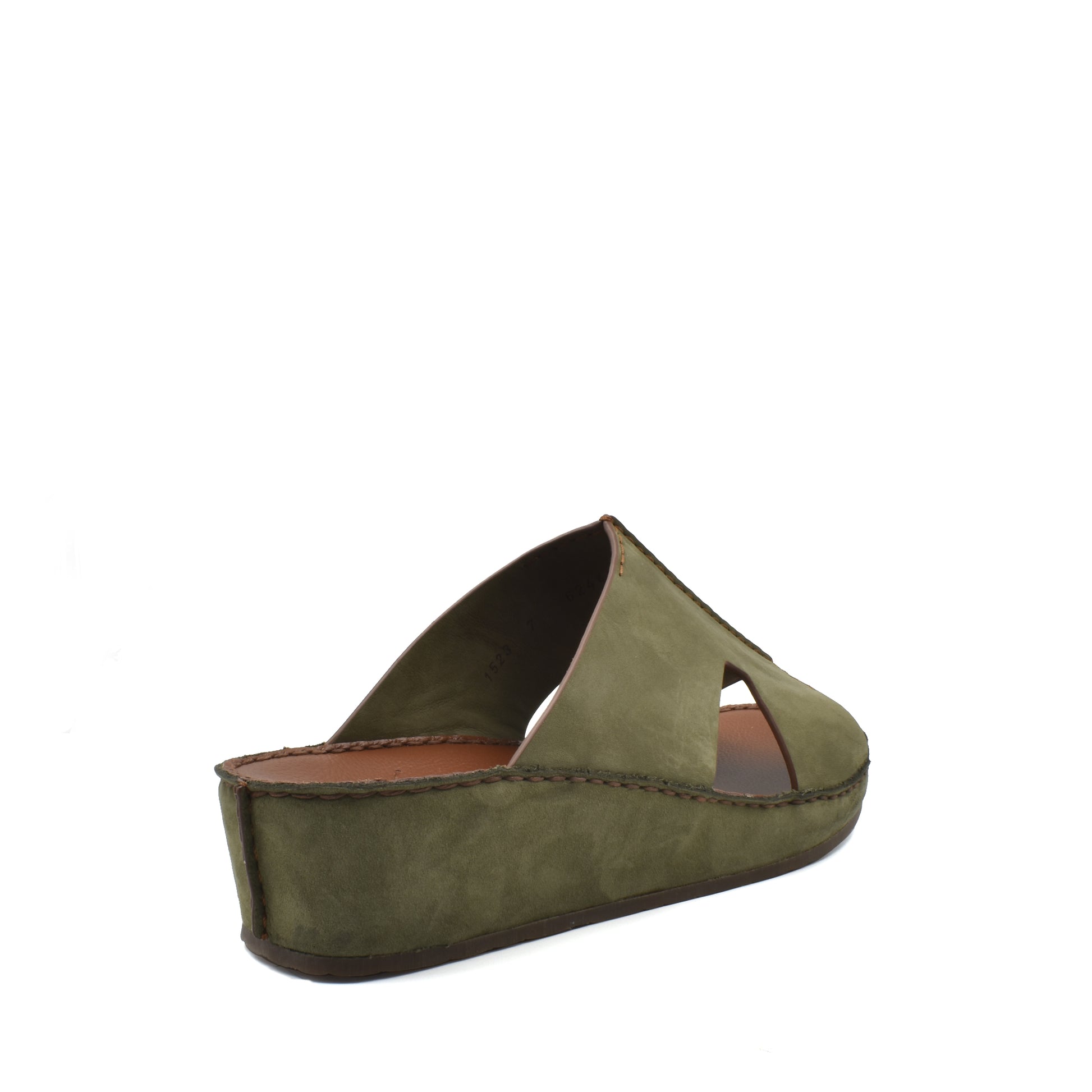 Green open-toe handcrafted leather shoes with wedge sole and cutout design