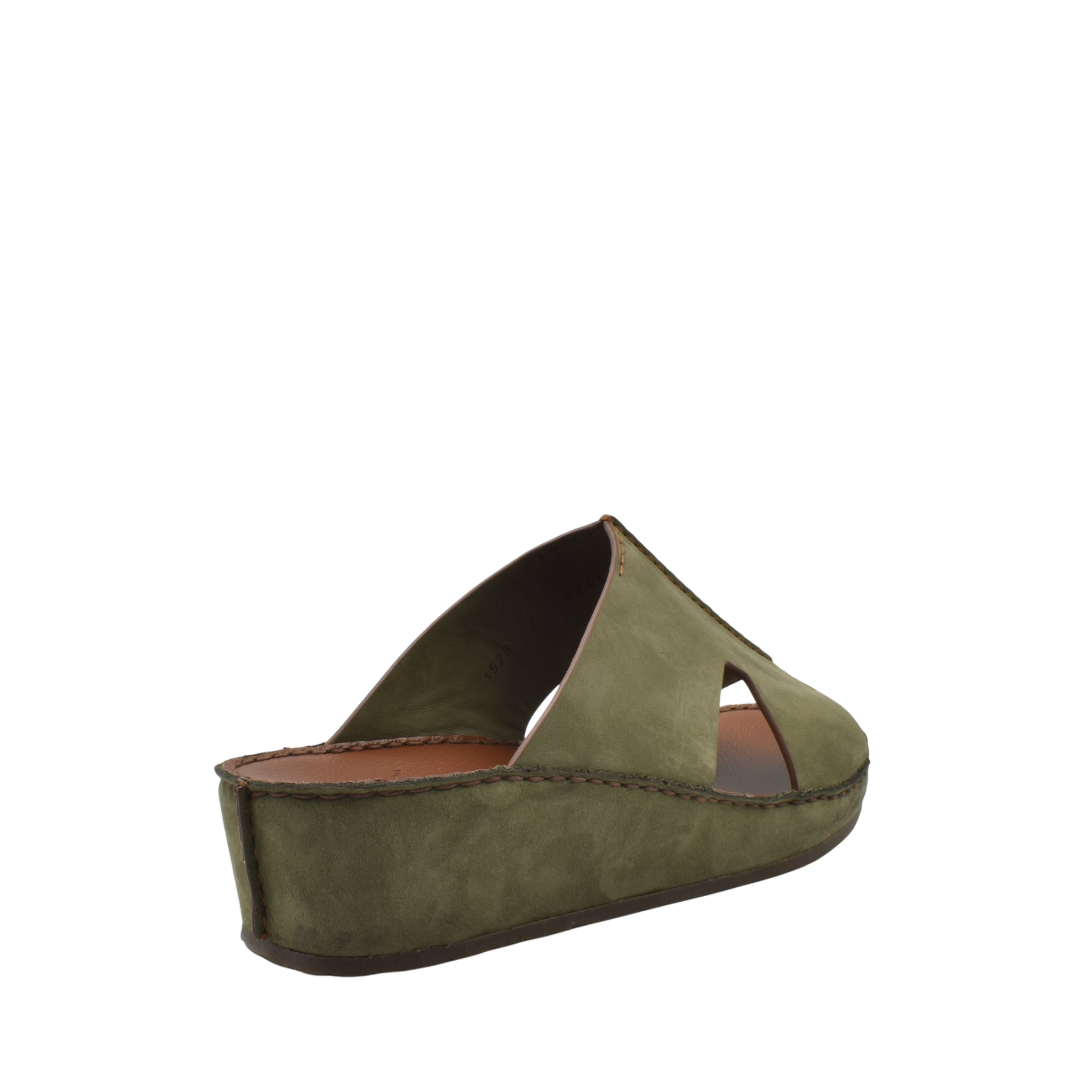 Green open-toe handcrafted leather shoes with wedge sole and cutout design