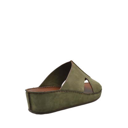 Green open-toe handcrafted leather shoes with wedge sole and cutout design